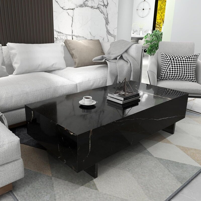 Mesas de centro rectangulares de mármol para sala de estar, mesa lateral negra, centro de alto brillo para espera, 41,3 "lx19.7wx13,8 H, mesas de centro