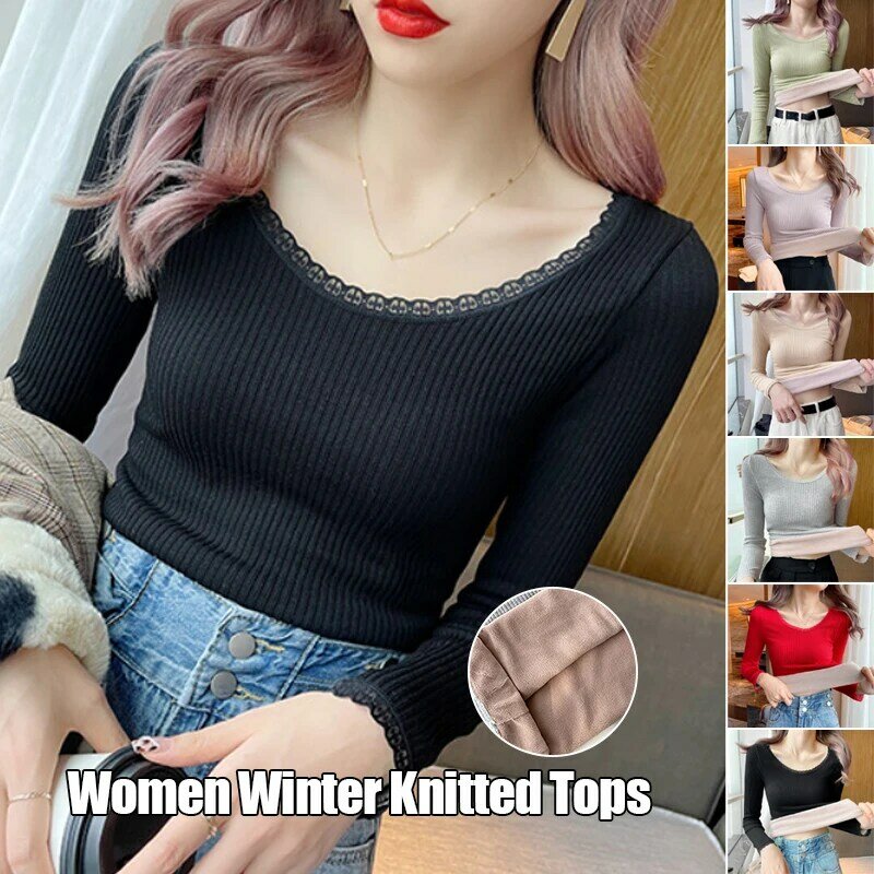 Women Winter Bottoming Shirt Fleece Warm Long Sleeve  Lambwool Slim Fit O-Neck Pullover Velvet Warm Thermal Underwear