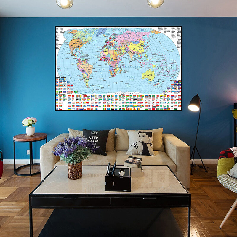 خريطة العالم مع علم البلد ، ملصق غير سام ، هدية ديكور ، أوكرانيا ، في ، أوكرانيا ، العالم ، 90x60cm
