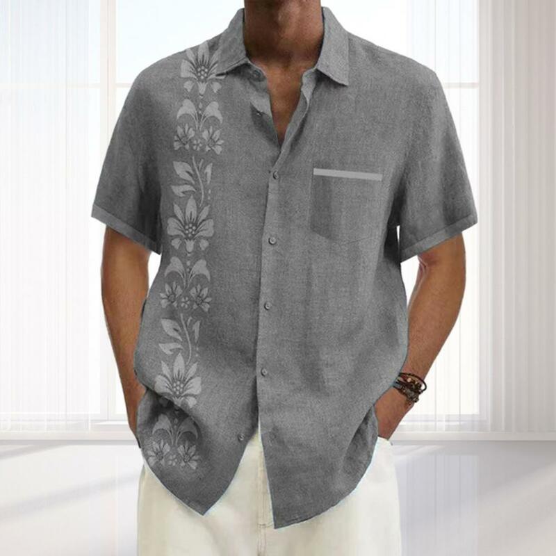 Рубашка мужская с цветочным принтом, уличная одежда, свободная рубашка с лацканами, однобортная с короткими рукавами и накладным карманом, на лето