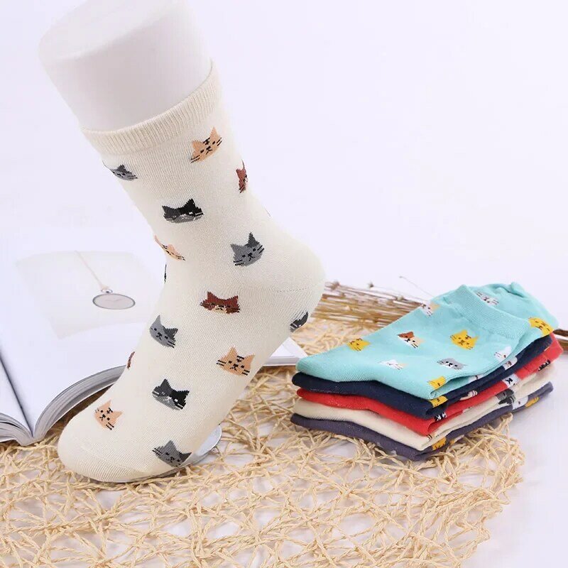 Calcetines de algodón de longitud media para mujer, medias casuales con patrón de cabeza de gato, moda dulce, primavera y verano