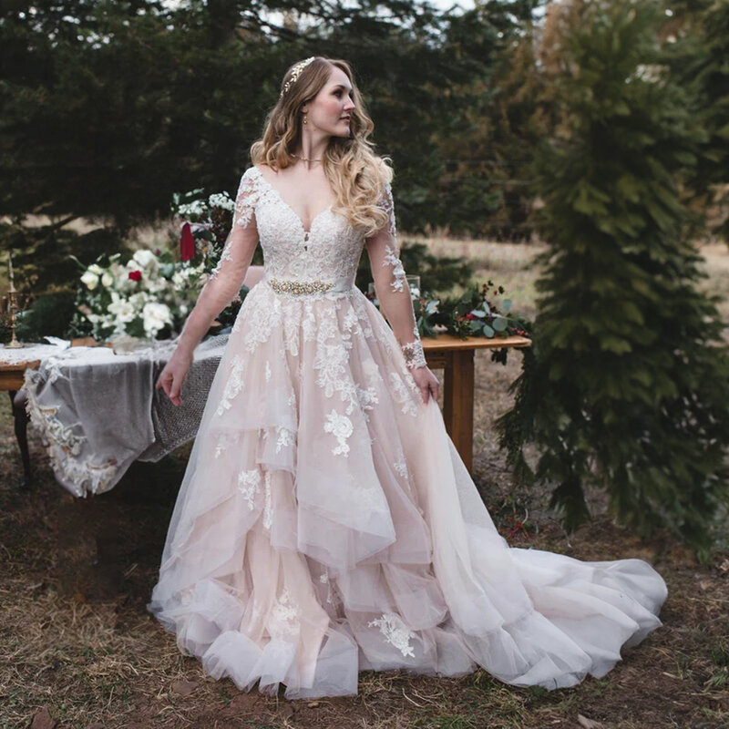 Gorgeous Champagne V-Neck Wedding Dress Corset Back Long Sleeves Delicate Lace Appliques Plus Size Bridal Dress with Belt