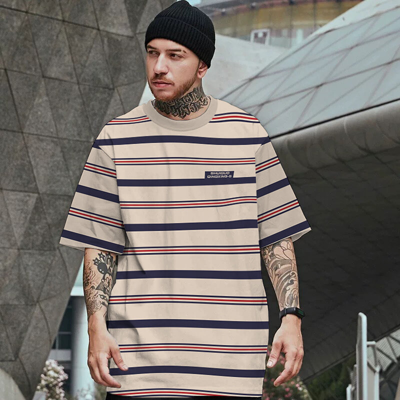 New Mens T-Shirt Tops Striped Tide Clothing Loose Oversized Round Neck Fashion T Shirt Casual Street Summer 5xl