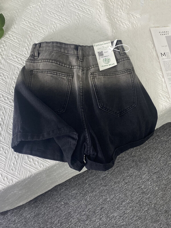 Pantalones cortos vaqueros góticos negros para mujer, Shorts anchos de cintura alta, informales, Vintage, estilo coreano, Harajuku, Y2k, Verano