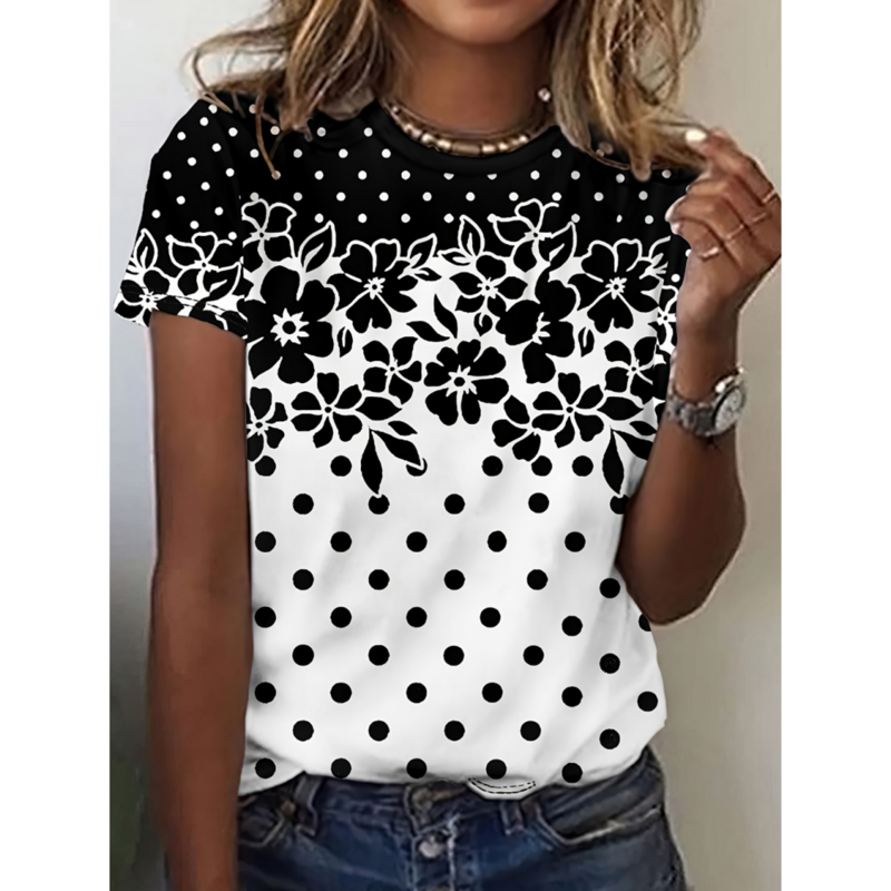 Camiseta de manga curta com estampa floral feminina, roupas femininas, tops diários, moda casual, tendência, verão