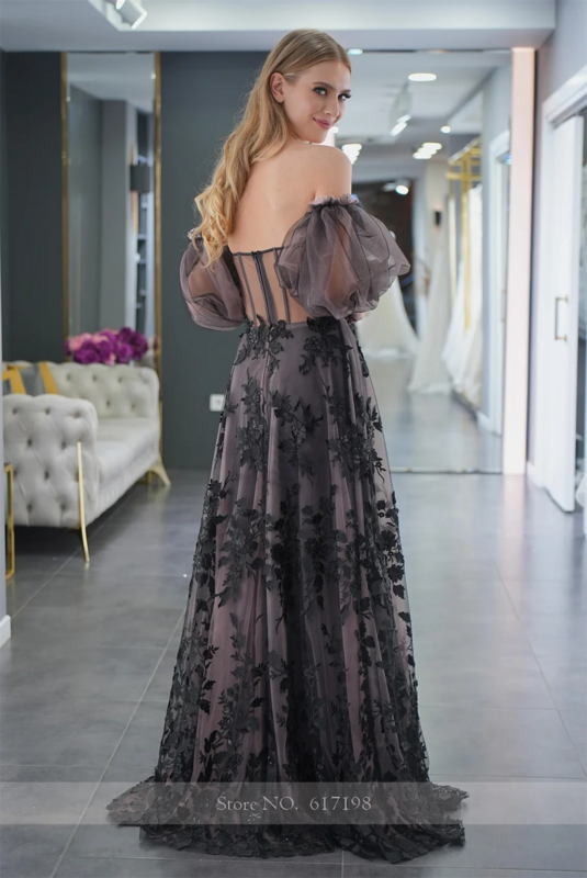 Off the Shoulder Chiffon Floral Applique Wedding Dress for Women Side Slit A-line Court Wedding Gown with Removable Puff Sleeve