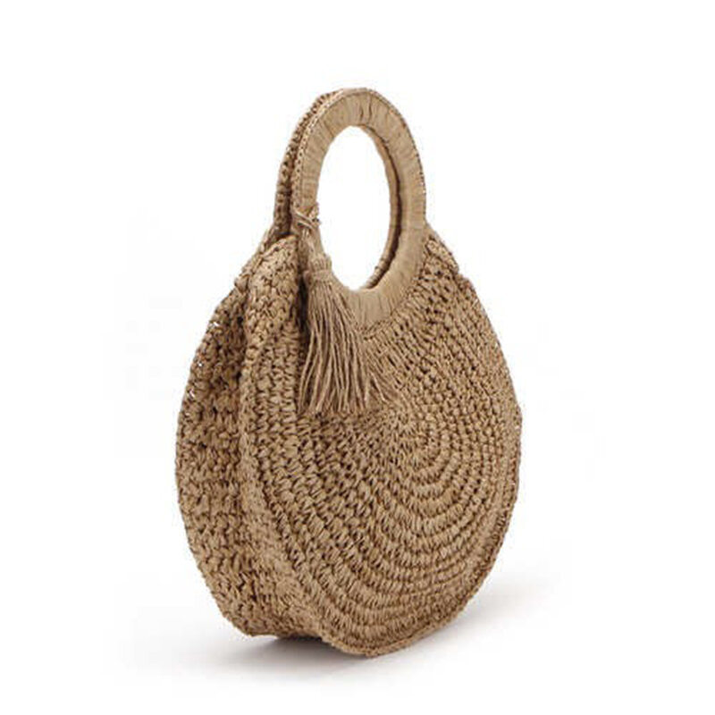 Handmade Round Women's Handbag Woven Summer Tassel Beach Bag Bohemian Knitting Straw Bags Female Round Handle Tote Bag