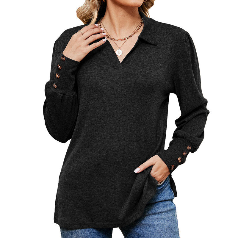 Koszulka damska 2023 jesienno-zimowa nowa z klapami długa guzik na rękawie luźna wygodna bluzka kobieta