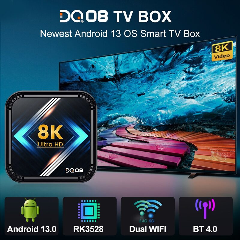 DQ08 RK3528 kotak TV cerdas, Android 13 Quad Core Cortex A53 mendukung Video 8K 4K HDR10 + Dual Wifi BT suara Google 2G16G 4G 32G 64G