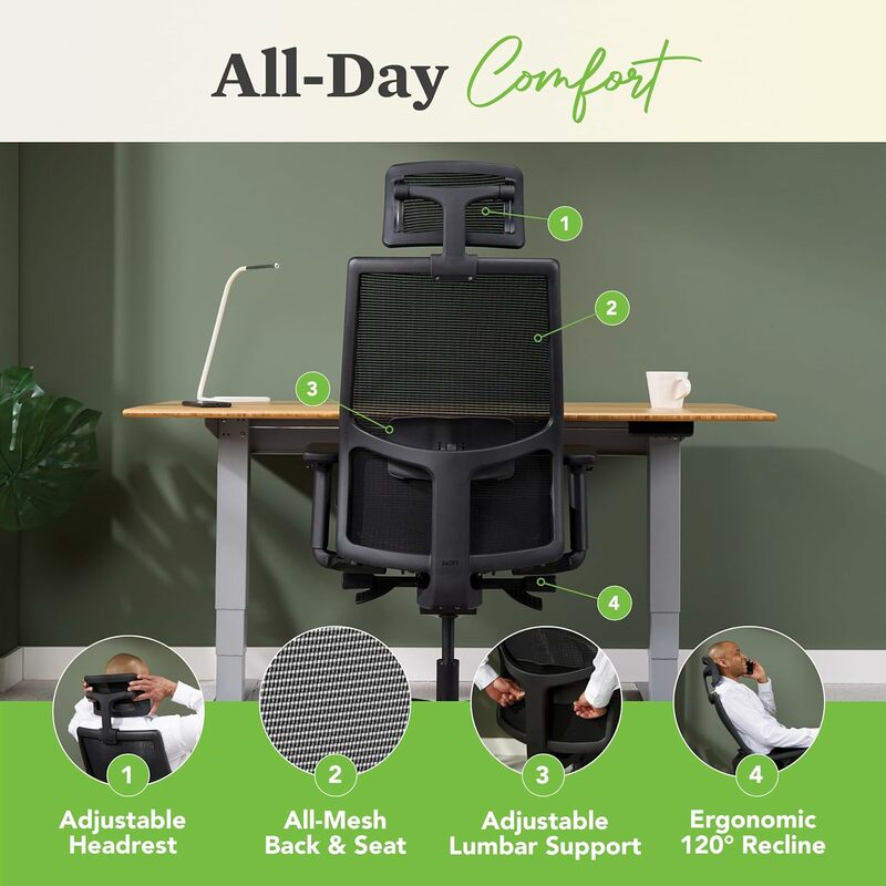 كرسي مكتب بظهر مرتفع مع مسند رأس ، كرسي مكتب كمبيوتر ، دعامة خصر قابلة للتعديل ، إمالة متزامنة ، أسطوانة دوارة ، سوداء