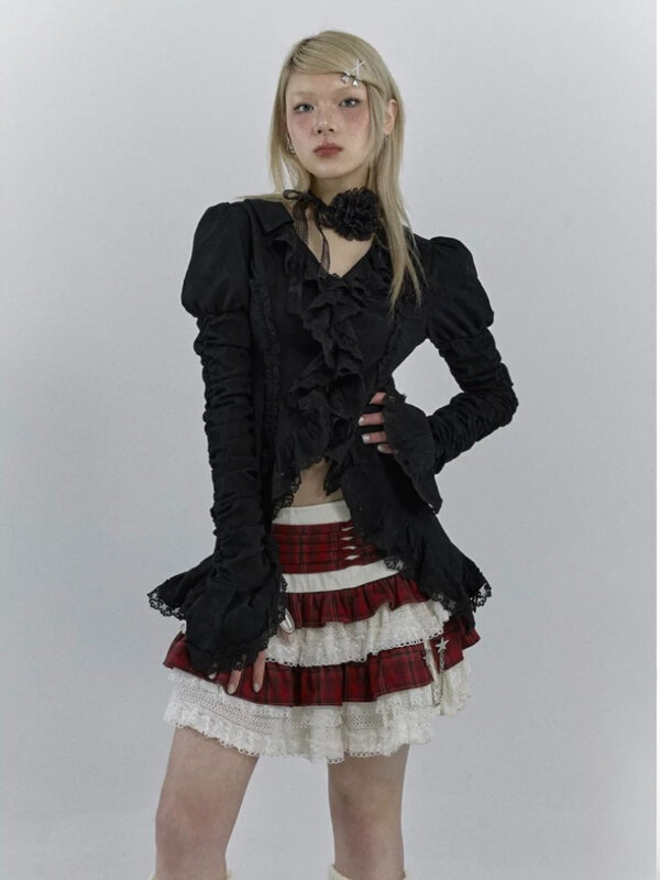 Houzhou Lolita Vintage Gothic Kanten Shirts Vrouwen Y 2K Donkere Esthetische Onregelmatige Blouses Yamamoto Stijl Grunge Flare Mouw Shirt