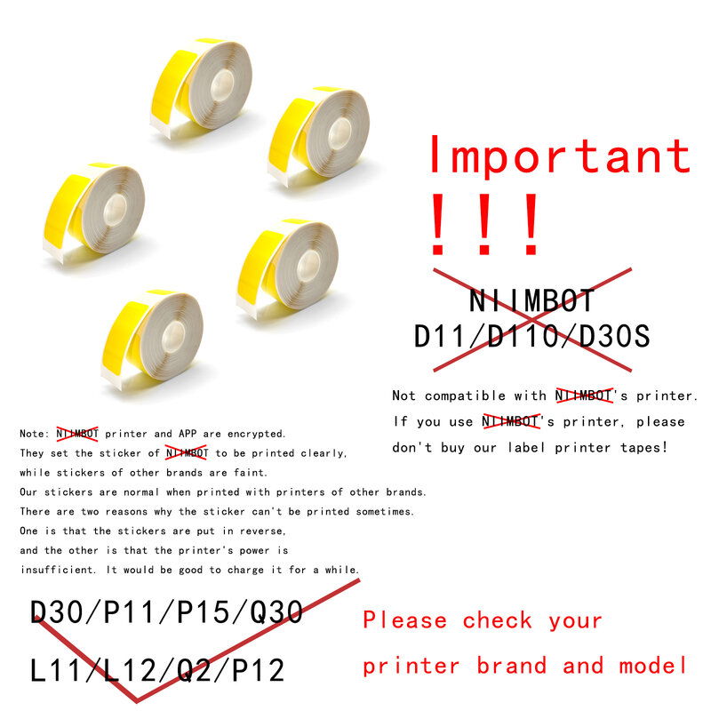 Papel de etiqueta P15 P11 adhesivo, cinta Lable amarilla, compatible con Pristar P15, D30, P12, D30, etiqueta térmica, 5PK