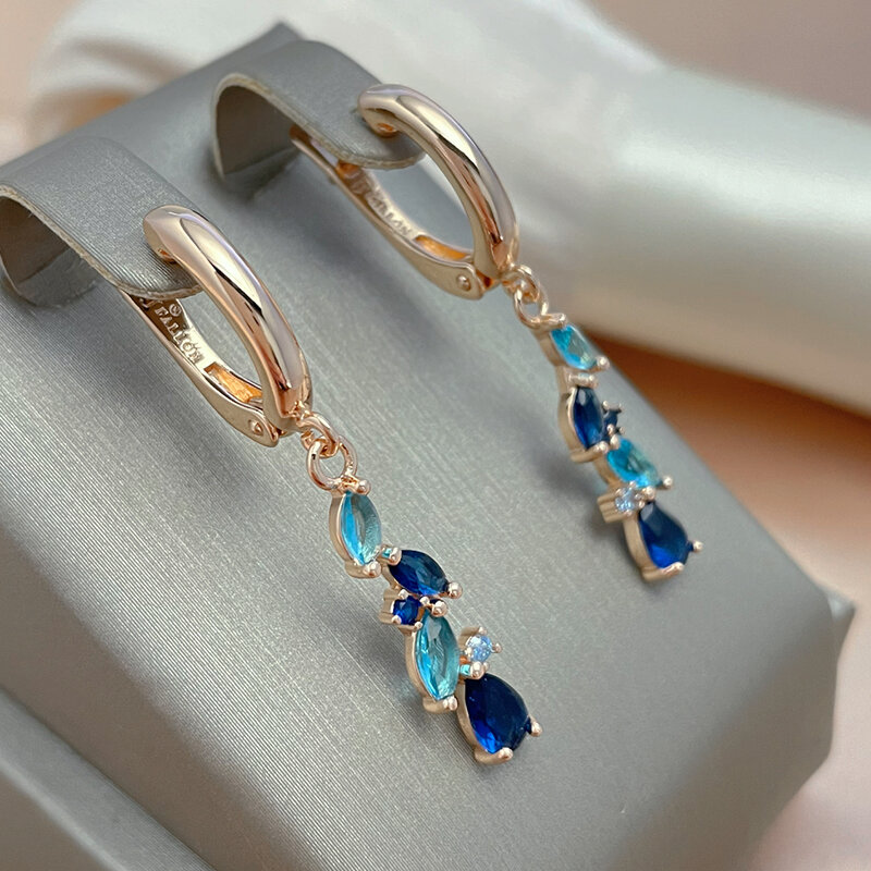 SYOUJYO-pendientes de lujo con piedra azul para mujer, aretes de oro rosa 585, joyería de cristal