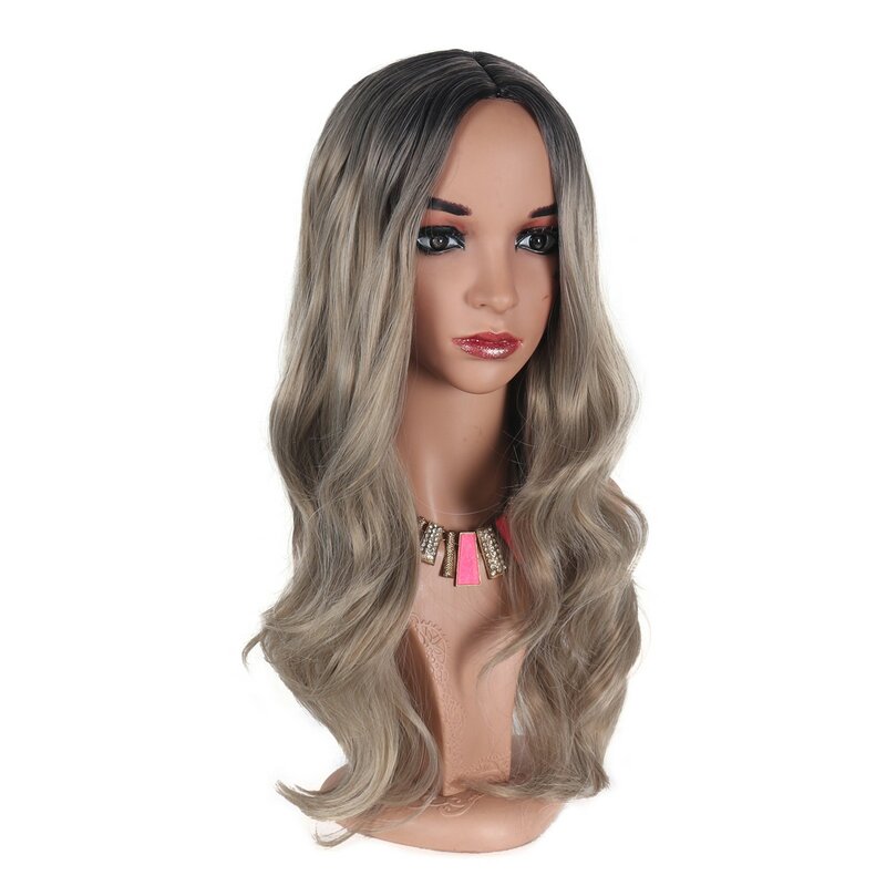 Center Parted Synthetic Wigs Sweet Brown Gray Gradient Wig Long Natural Wavy Hair Wigs For Women Daily Casual Cosplay Wig