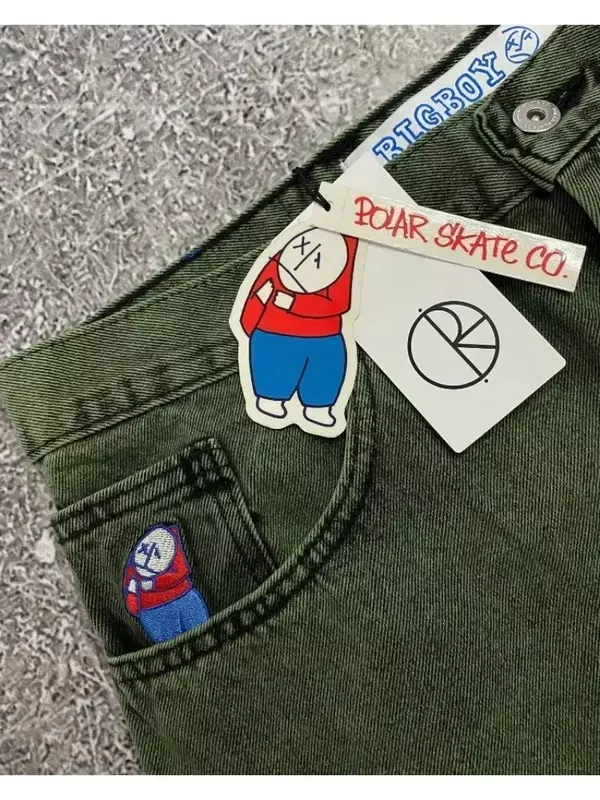 Harajuku Y2K Polar Big Boy denim shorts hip-hop cartoon characters embroidered baggy denim shorts for men and women Streetwear