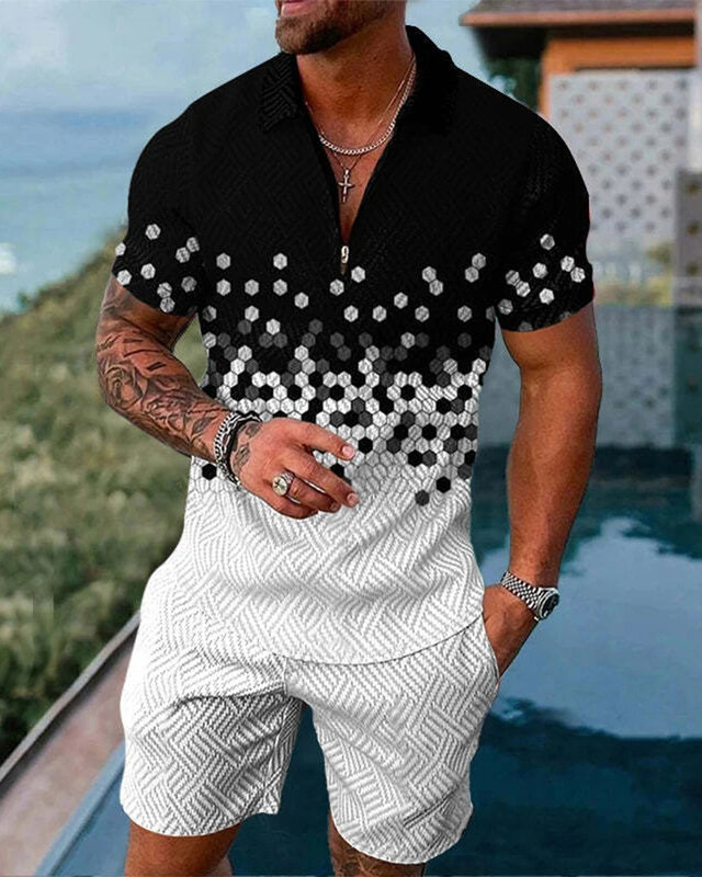 Conjunto polo estilo boho geométrico masculino, conjunto polo lapela com zíper, gola e shorts, impressão 3D, roupas havaianas de férias, 2 peças