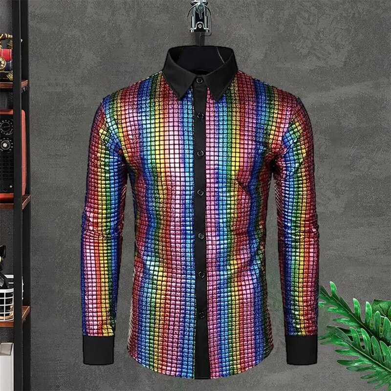 Men Disco Shirt Shiny Smooth Sequin Stand Collar Club Performance Shirt Single-breasted Turn-down Collar Long Sleeve Vintage Top
