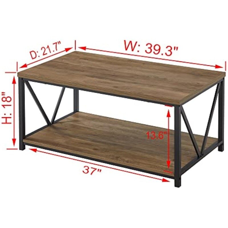 FOLUBAN Rustic Coffee Table with Storage Shelf, Vintage Wood and Metal Cocktail Table for Living Room, Oak