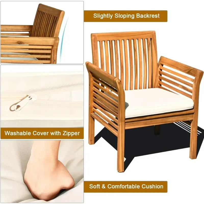 Ensemble de table et de chaises d'extérieur, ensemble en bois de 4 pièces avec coussins de degré d'eau, ensemble de table et de chaises d'extérieur