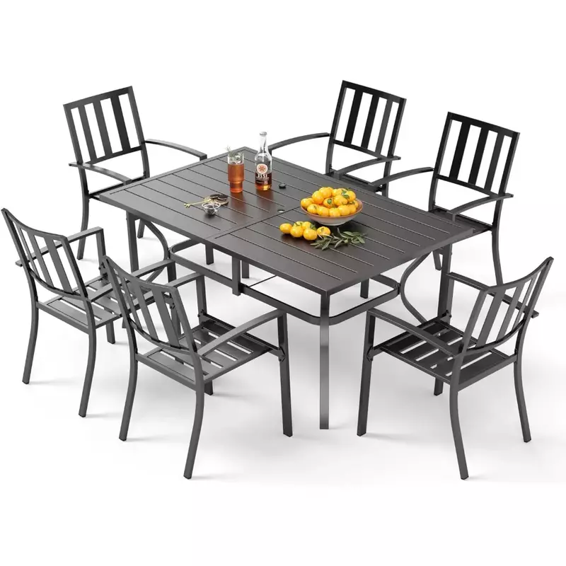 Outdoor Table and Chairs Set, 7 Piece Dining for 6, 60” Rectangular Metal Steel Dining, Outdoor Table and Chairs Set
