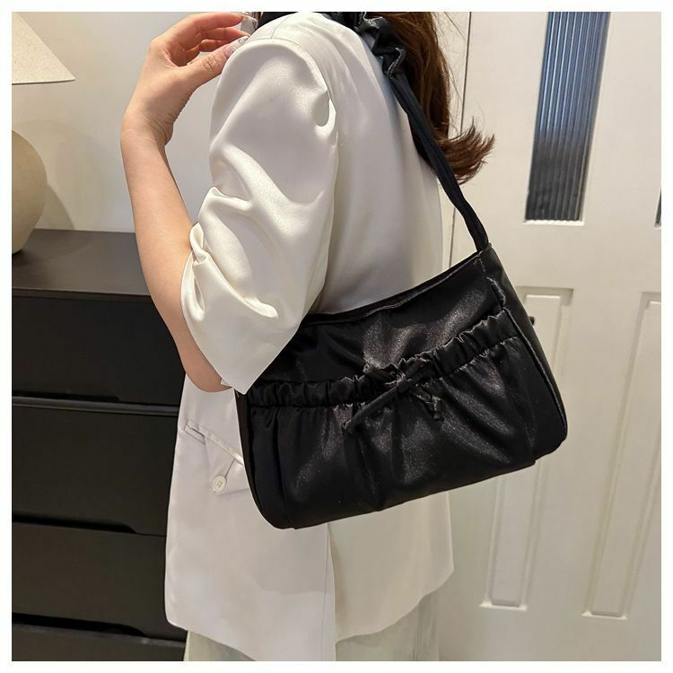 Sweet Satin Pleats Bow Design Shoulder Bags for Women 2024 Y2K Designer Korean Fashion Handbags and Purses Female Crossbody Bag