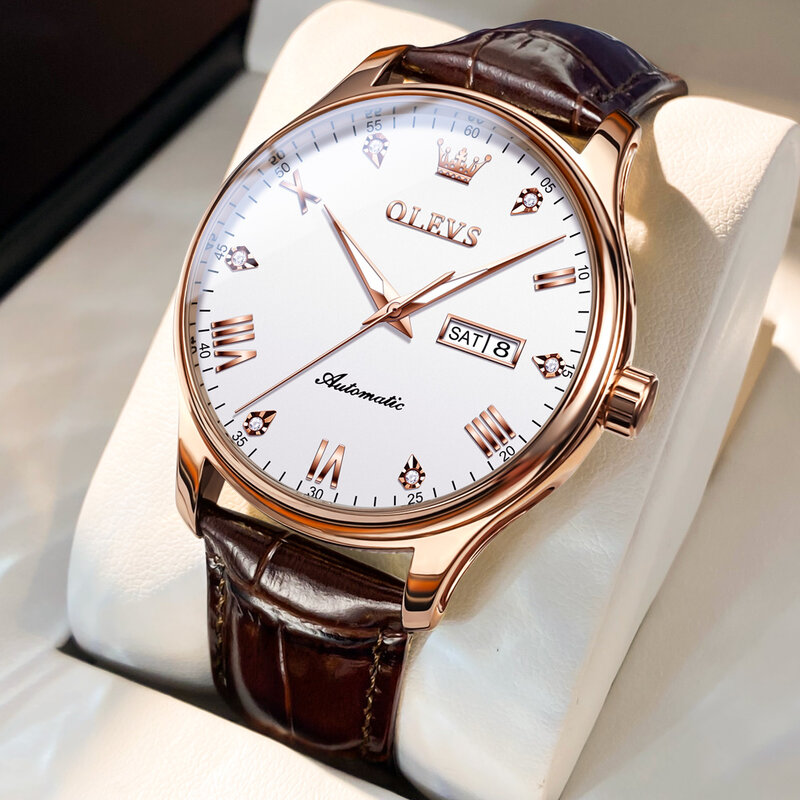 2024 New OLEVS Original Business Men's Watches Mechanical Automatic Watch Luxury Leather Waterproof Calendar Wrist Watches