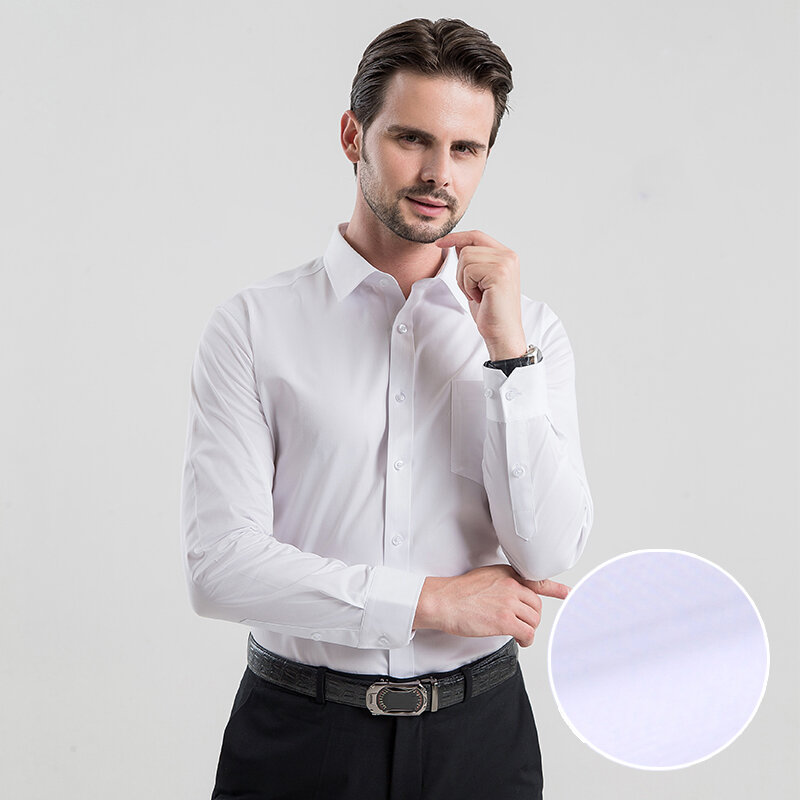 Bawełna wysokiej jakości mężczyźni ubierają koszulę z długim rękawem 2023 nowy solidny męski Plus rozmiar regularny krój pasek koszula biznesowa biało-niebieski