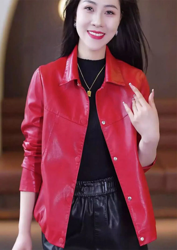 2023 Leisure Short Sheepskin Coat for Women's Spring and Autumn  New Korean Version Slim and Premium Motorcycle Leather Jacket