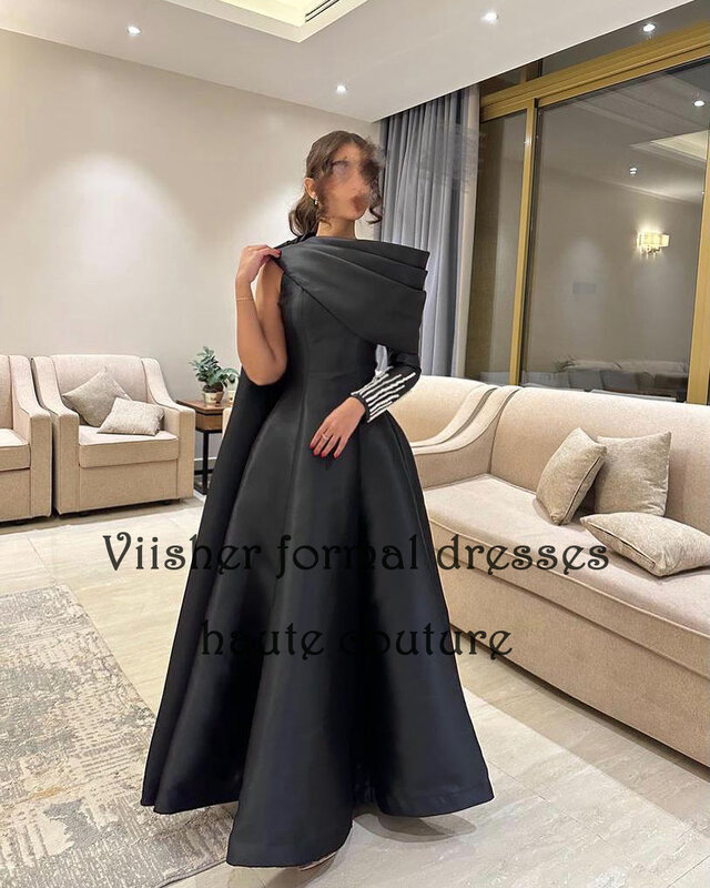 Gaun malam satu lengan hitam Satin bermanik gaun Prom Dubai Arab A Line panjang lantai gaun malam Formal untuk wanita