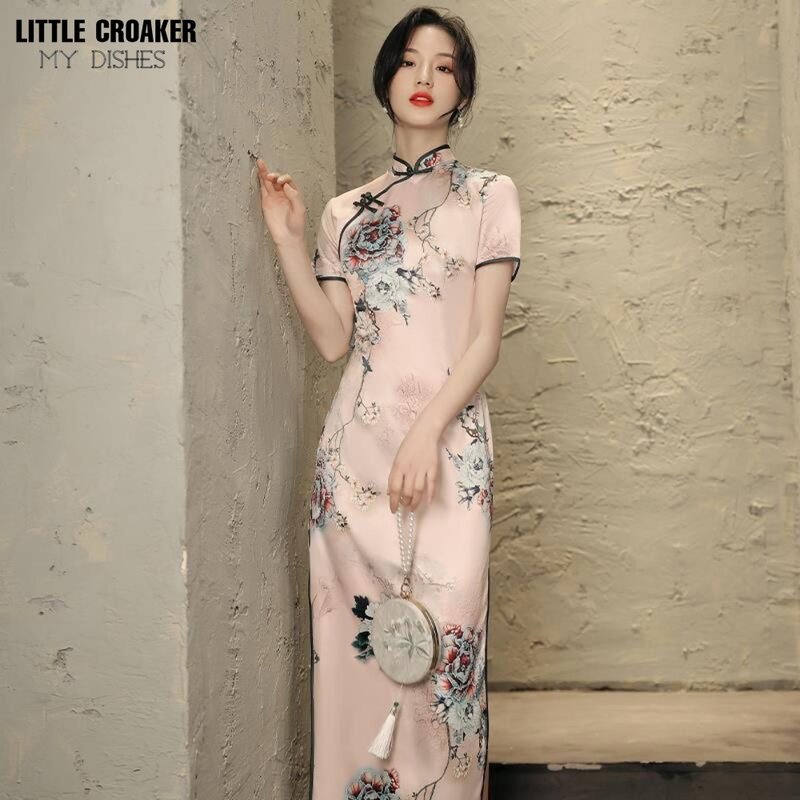 Vestido longo de qipao feminino, cheongsam feminino modificado, gravura vintage, chinês, osso, sexy, mesmo estilo, estilo jovem, verão, novo, 2023