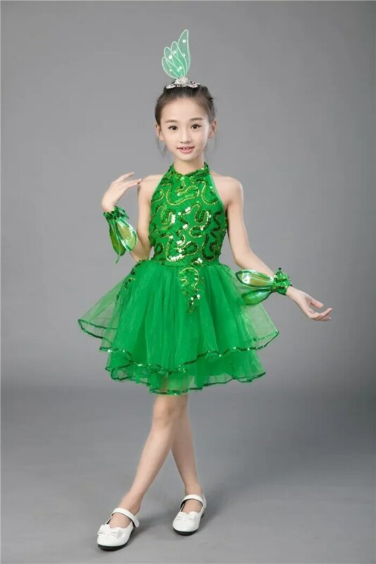 فستان الباليه الأخضر للأطفال ، أزياء رقص الجاز للبنات ، ملابس الرقص المسرحي للفتيات ، زي الأداء