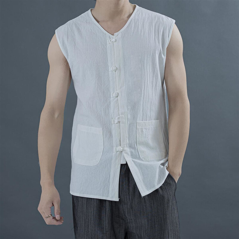 Kamizelka męska koszula z mieszanki bawełny i lnu kamizelka Kung Fu letna koszulka Top strój Tang tradycyjna chińska odzież otwarty kardigan bez rękawów