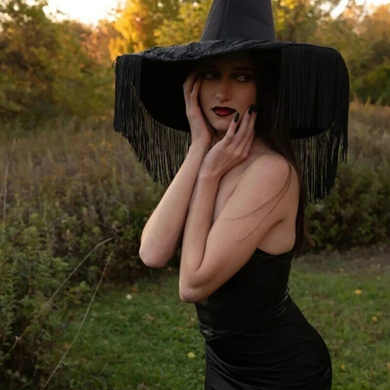Sombrero bruja para fiesta Halloween para mujer, gorro mago negro ancha, sombreros disfraz sombrero