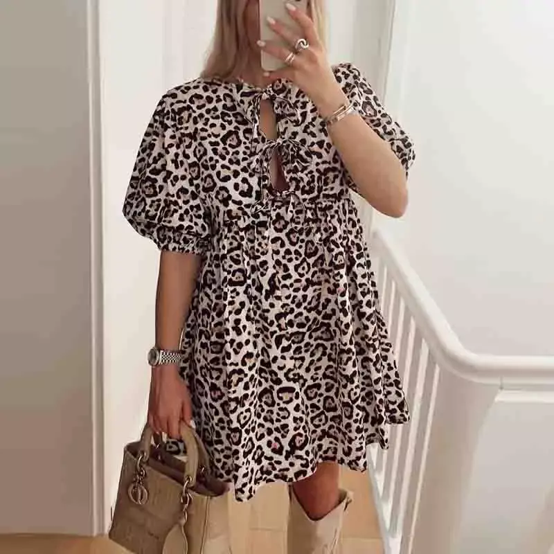2024 Commute Puff Sleeve Loose Dress Leopard Solid Color Lace-up O Neck Hollow Out Sexy Dresses For Women Casual Style Skirts