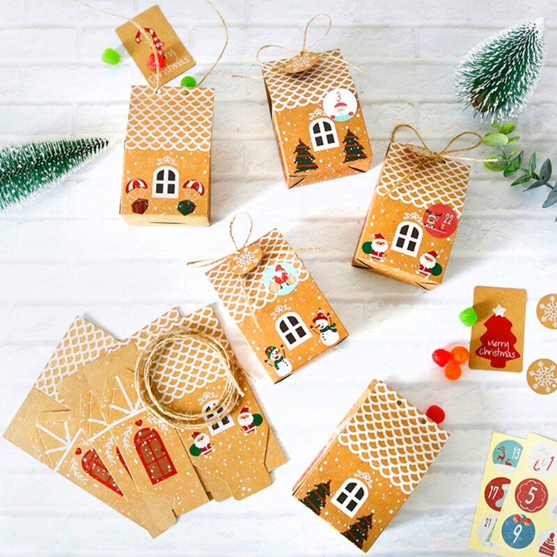 Caja calendario Adviento Navidad DIY, 24 juegos, bolsa papel Kraft para casa Navidad para niños y adultos, cuenta