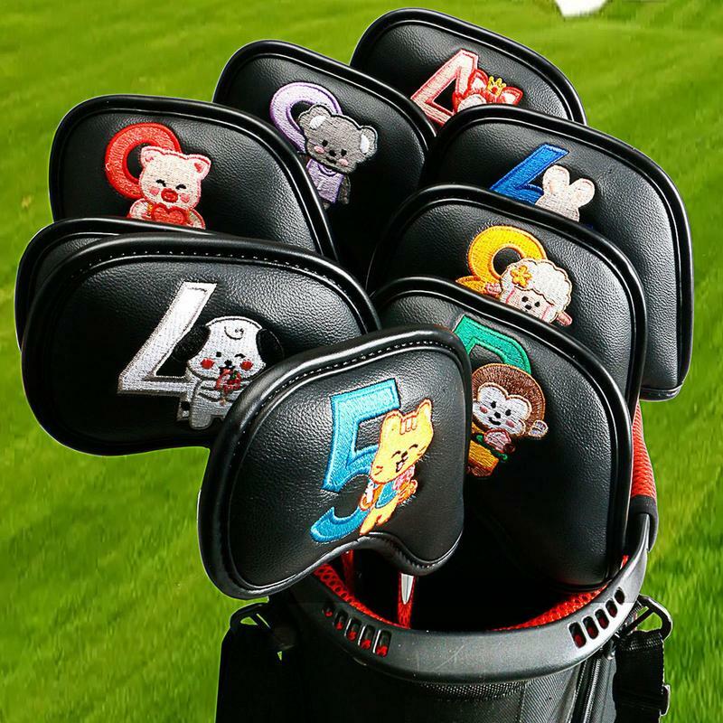 9/10Pcs Portable PU Golf Club Iron Head Covers Protector Golfs Head Cover Set Golf Accessories Golf Putter Cover Golf Headcover