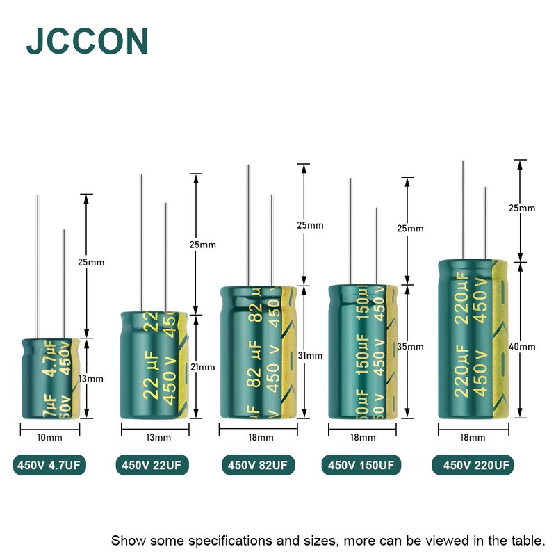 JCCON อลูมิเนียม Capacitor 6.3V 10V 16V 25V 35V 50V 63V 100V 400V 450V 100UF 220UF 330UF 680UF 1000UF 470UF ความถี่ต่ำ ESR