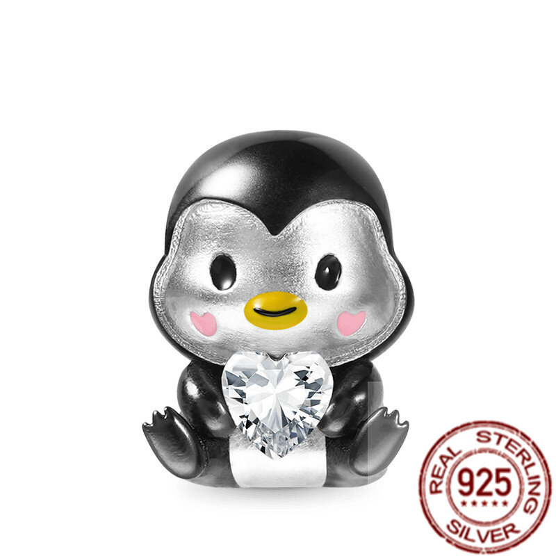 NEW 925 Sterling Silver Cute Frog Penguin Embraces Heart Gemstone Charm Bead Fit Original Pandora Bracelet DIY Fine Jewelry Gift