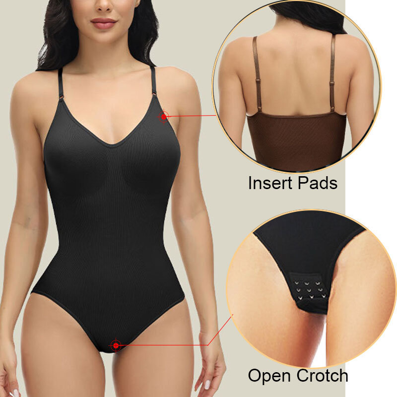 GUUDIA V Neck Spaghetti Strap Bodysuits Compression Body Suits Open Crotch Shapewear Slimming Body Shaper Smooth Out Bodysuit