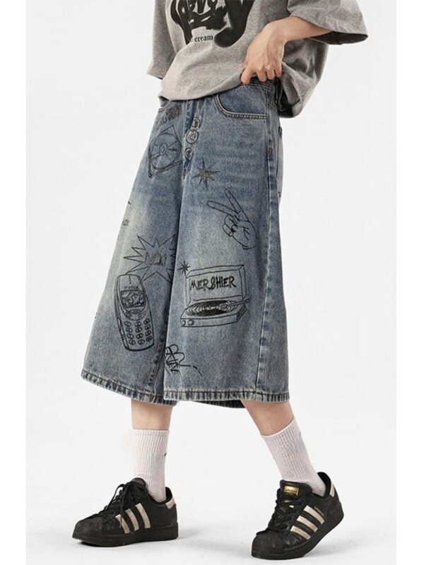 HOUZHOU Harajuku Graphic Y2k Jorts donna gamba larga pantaloncini di Jeans blu Grunge Streetwear Jeans oversize a vita alta al ginocchio
