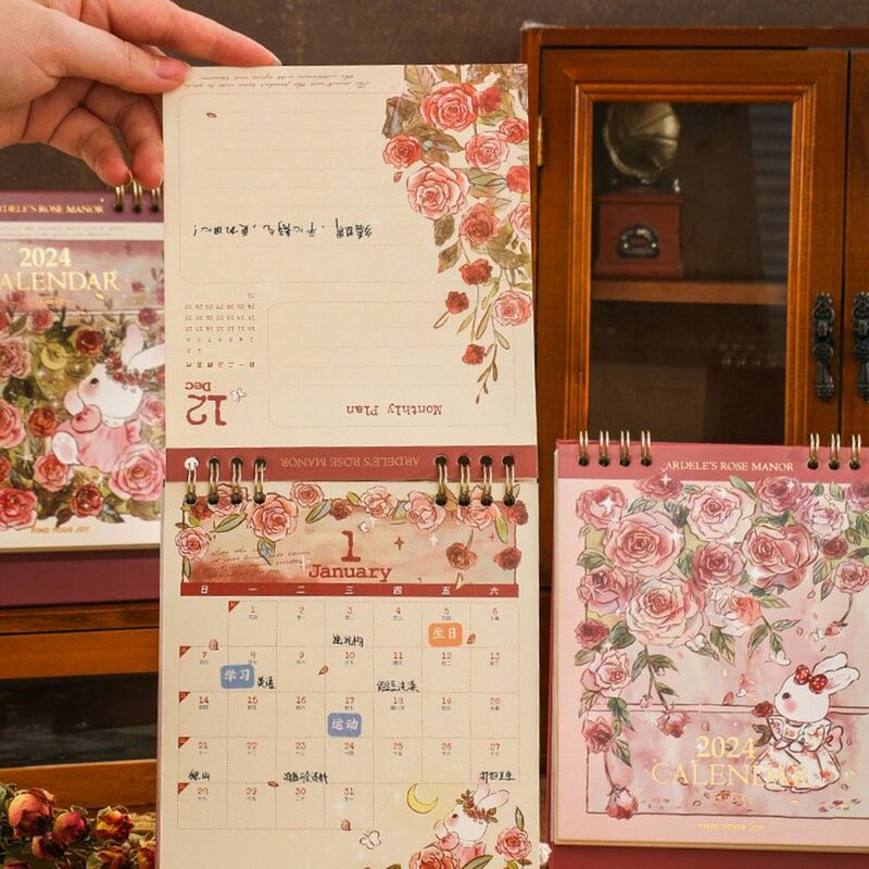 Rose Dragon Year Desk Calendar Cartoon Rabbit Cartoon 2024 Dragon Year Delicate Calendar Kawaii Retro Standing Calendar