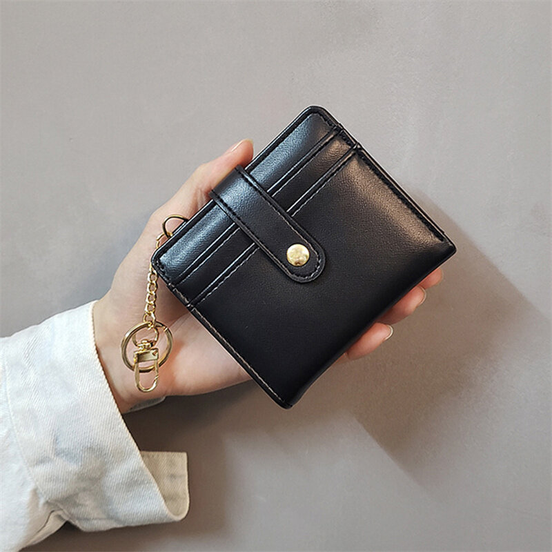 여성용 PU 동전 지갑, 짧은 지갑, 얇은 작은 지갑, 세련된 금속 단추, 진짜 가죽 카드홀더 지갑, 키체인