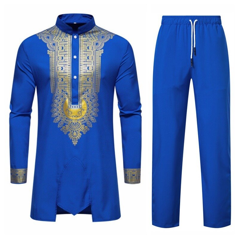 ชุดสูทแอฟริกันสำหรับผู้ชายชุด2ชิ้นเสื้อสีบรอนซ์และกางเกงขายาวชุดมุสลิมสำหรับผู้ชายซาอุดิอาระเบีย