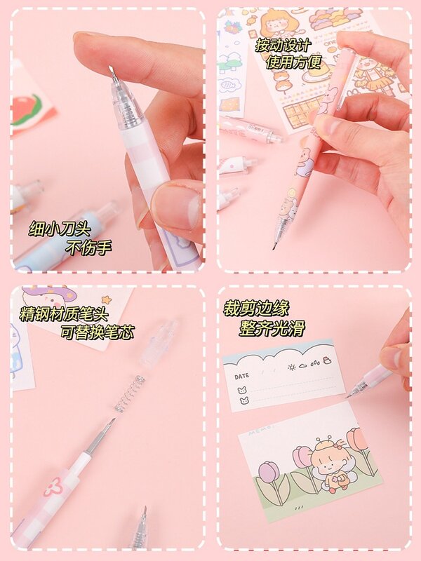 Papier Kawaii Cutter narzędzia do scrapbookingu naciskając ostrze noża wycinane plastikowe pióro studenci pamiętnik Cartoon ręcznie robione cięcie kart
