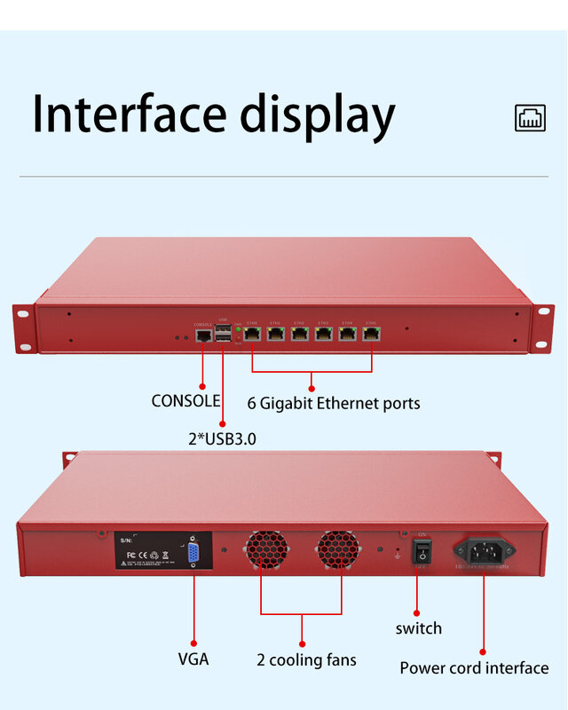 BKHD Red 1U Rack Mount Device Firewall Router Celeron N5105 6x2.5G Ethernet Suitabl 1338NPe for Network Security VPN SD-WAN VLAN