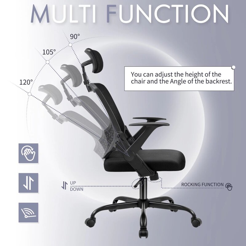 Cadeira alta do escritório traseiro com altura ajustável, malha, ergonômico, computador, encosto de cabeça confortável, preto