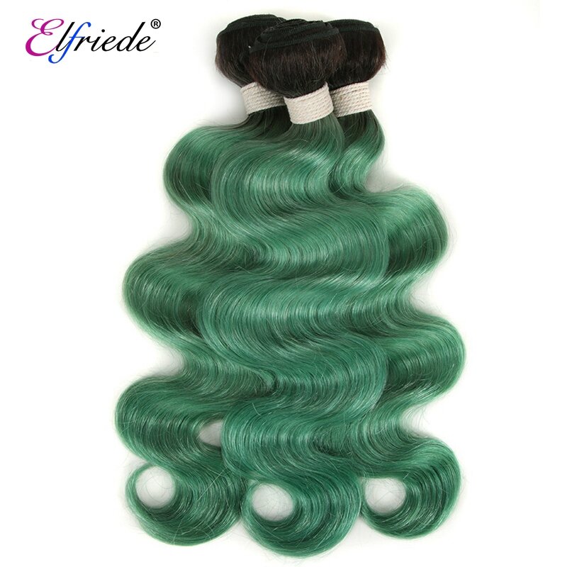 Elfriede #T1B/Green Body Wave Ombre Color Hair Bundles with Closure Brazilian Human Hair Weaves 3 Bundles with Lace Closure 4x4