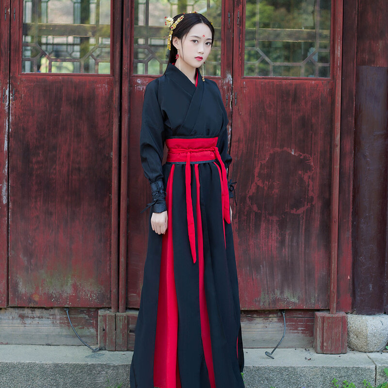 Gaun Tiongkok hitam seni bela diri Hanfu jubah wanita sulaman gaun wanita gaya Tiongkok kostum Cosplay tari rakyat pakaian tradisional