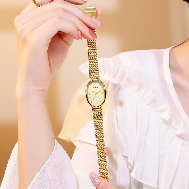 Minimalistyczne w owalnym kształcie damskie zegarki luksusowe ze stali nierdzewnej pleciona bransoletka diamenty wodoodporne damskie zegarek kwarcowy prezent
