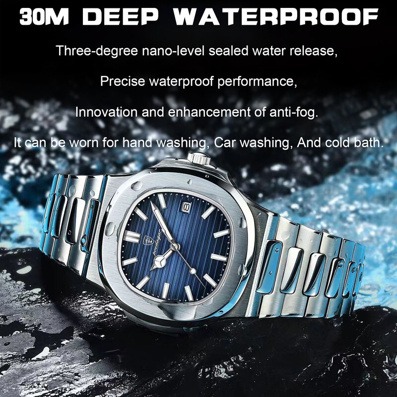 2023 Nieuwe Poedagar Luxe Horloge Bedrijf Waterdichte Mannelijke Klok Lichtgevende Datum Roestvrij Stalen Vierkante Quartz Mannen Horloge Reloj Hombre